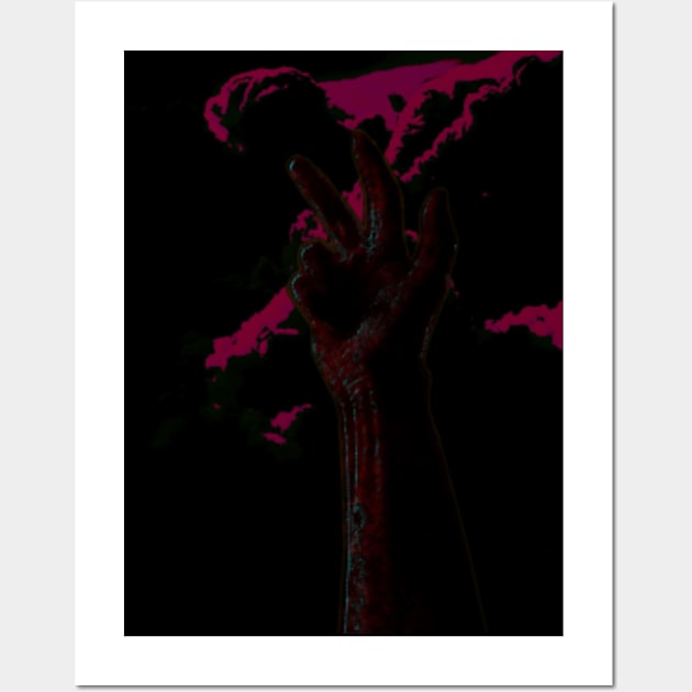 Digital collage and special processing. Hand near clouds. Holy trinity hand gesture. Very dark, red and violet. Bizarre. Wall Art by 234TeeUser234